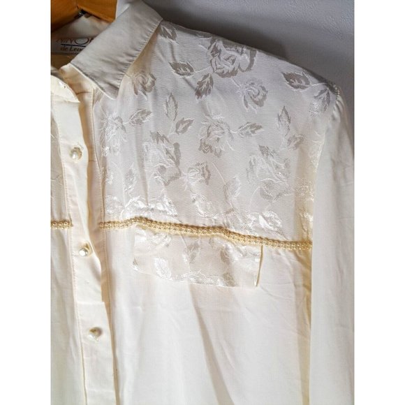 Women's Vintage Ninon De Lenclos Western Top Faux Pearls Rose Demask Ivory 80s L - Picture 2 of 7
